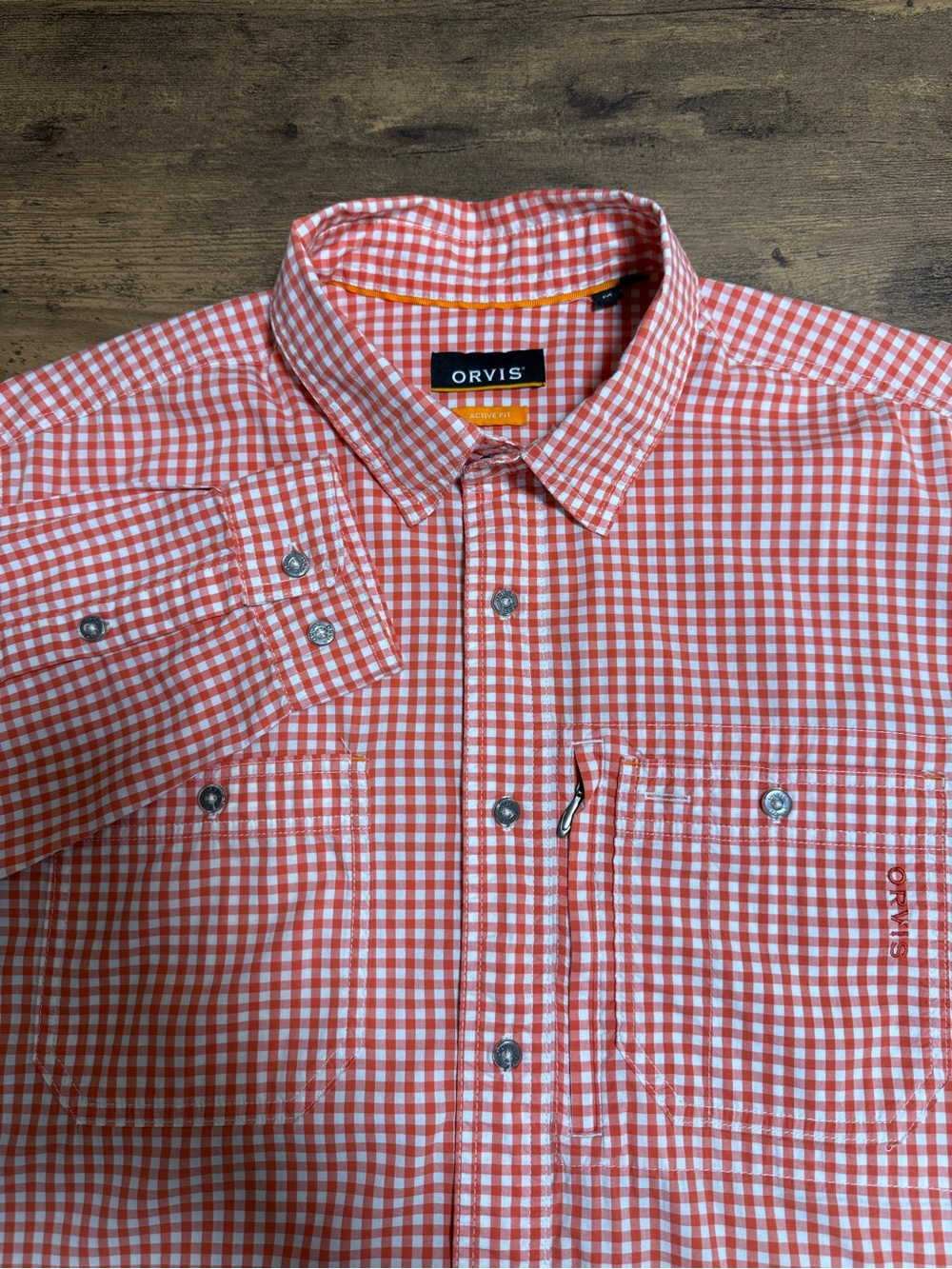 Orvis Active Fit Men’s Medium Orange Gingham Long Sleeve Button Front Shirt